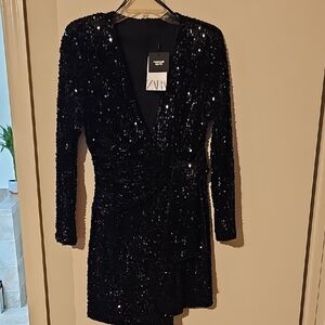 Zara Elegant Black Sequin Long Sleeve Dress
